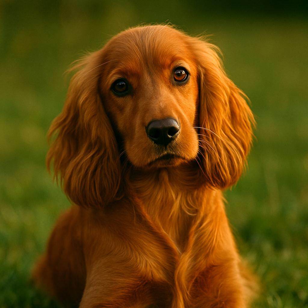 A long-eared retriever meets the lens with wide, luminous eyes, auburn fur aglow beneath late light; soft greenery fades behind as golden threads frame its quiet stillness.”