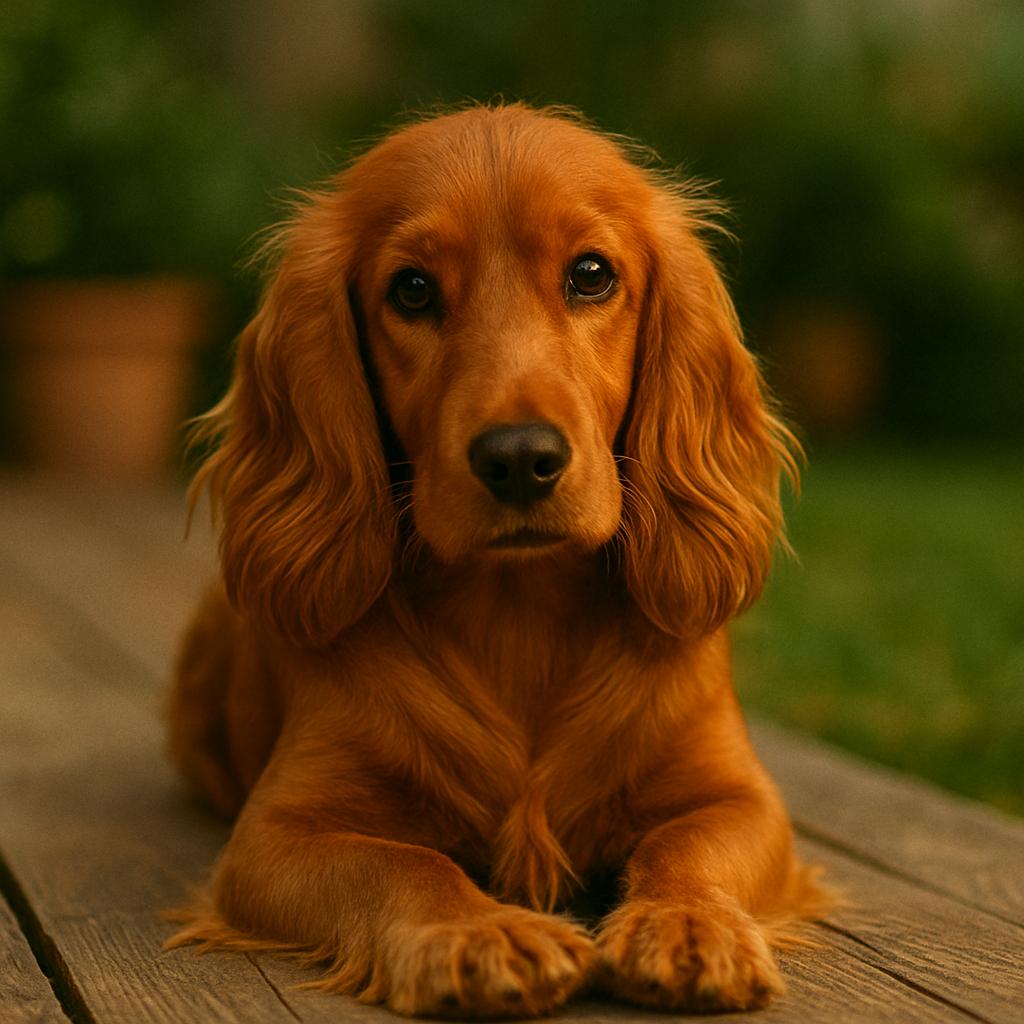 A russet-eared spaniel rests upon aged timber, gaze fixed in quiet regard; its flowing coat glows beneath golden dusk, while potted greens melt softly behind.