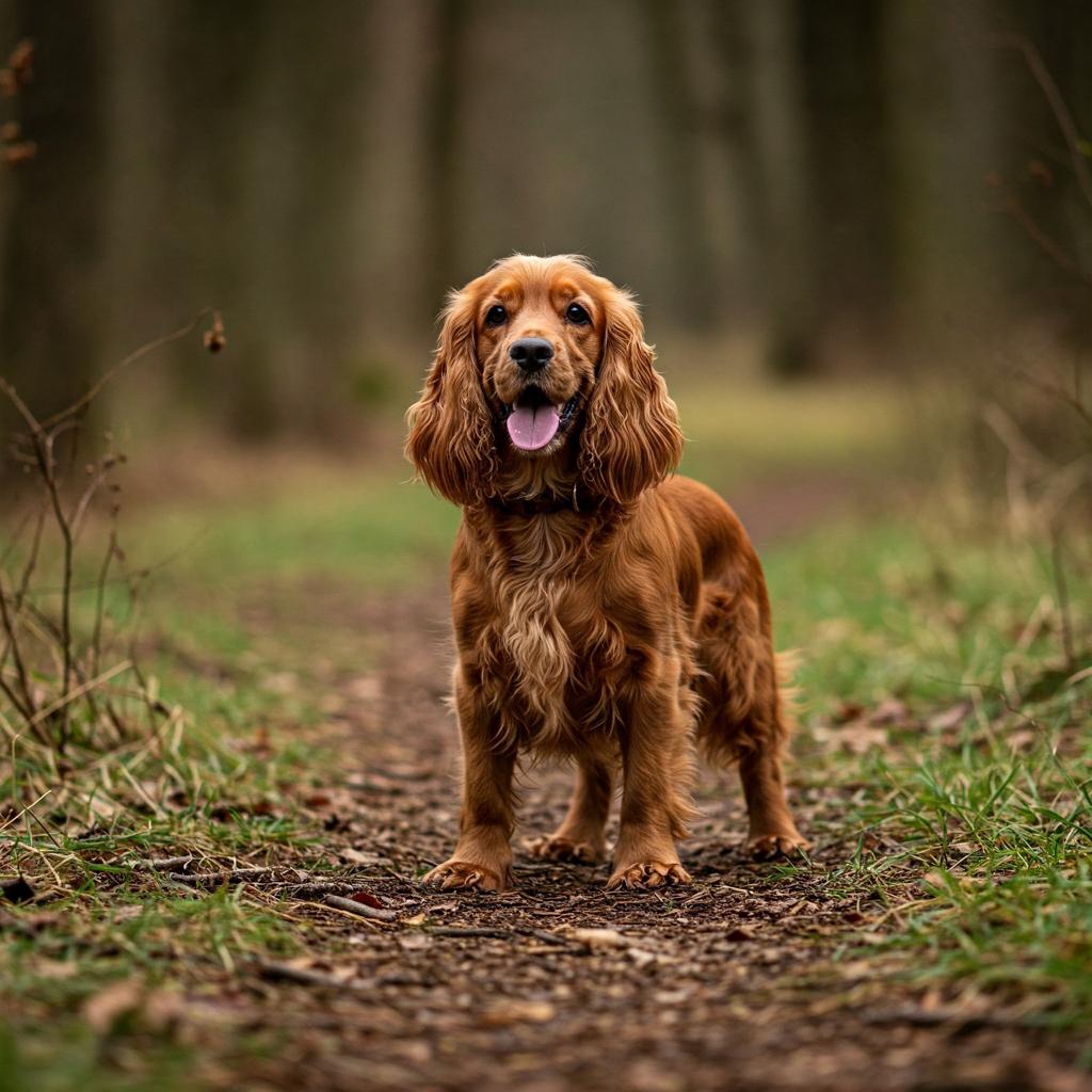 The image captures the Cocker Spaniel's historical role as a bird dog, with its keen senses and natural agility.