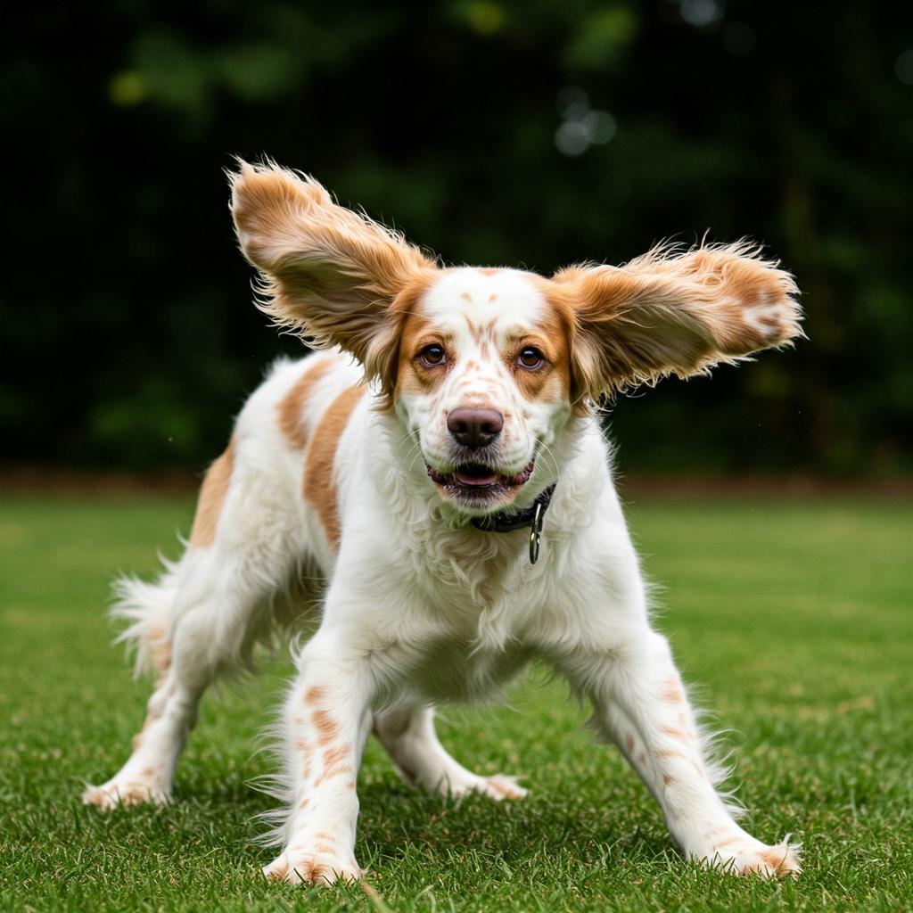 A Clumber Spaniel mid-air, looking quite surprised by its own playful, clumsy jump.