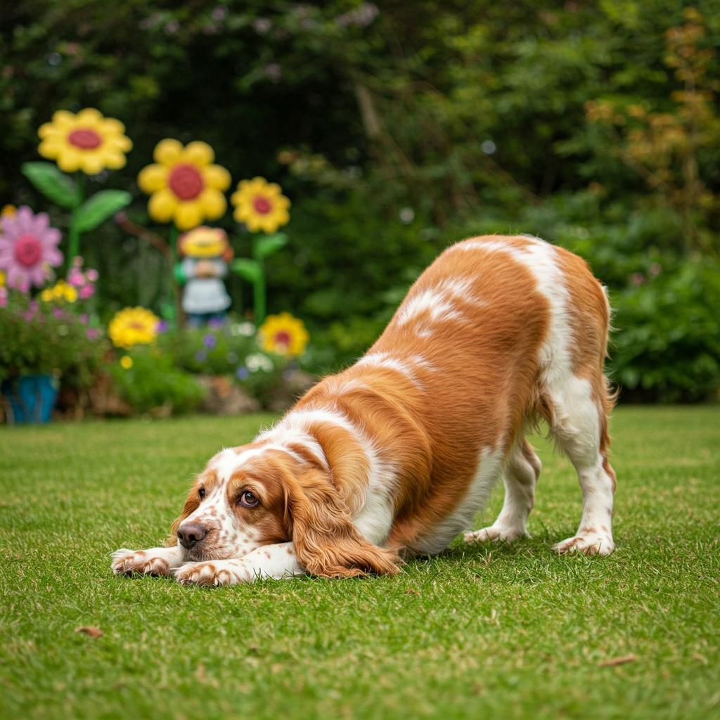 This Clumber Spaniel is doing its best imitation of a downward-facing dog, with a rather comical outcome.