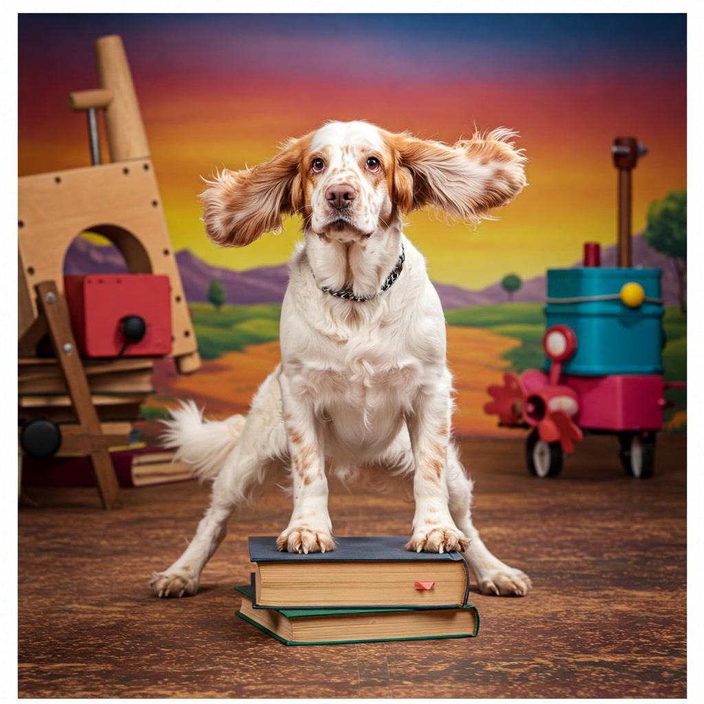 A Clumber Spaniel caught in a funny, slightly off-balance pose, perhaps contemplating its next silly move.
