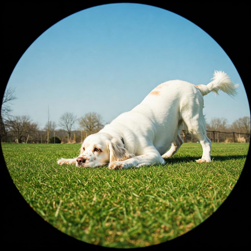 Here's a Clumber Spaniel attempting some serious stretching, resulting in a wonderfully awkward and endearing pose.
