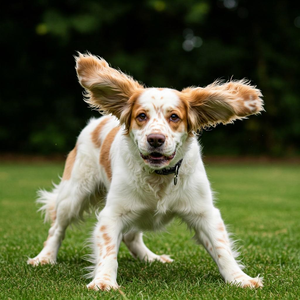 A Clumber Spaniel mid-air, looking quite surprised by its own playful, clumsy jump.