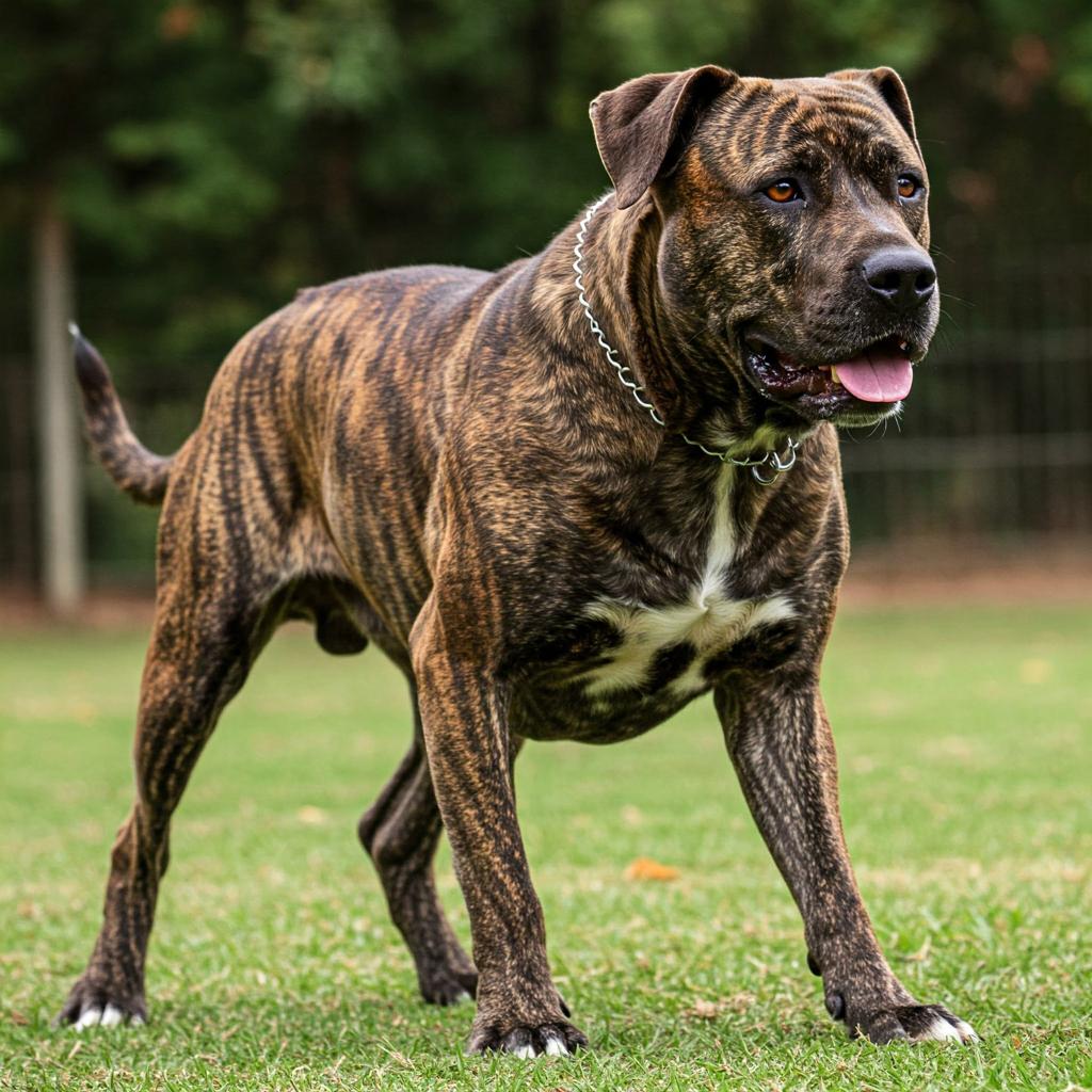 This shot really captures the essence of a Cimarron Uruguayo. He's standing there, solid as a rock, muscles rippling just beneath that beautiful brindle coat. You can tell immediately this isn't just a pretty face; there's a real strength and a purposeful look about him. It’s like he’s built for anything, all that power packed into one formidable frame.