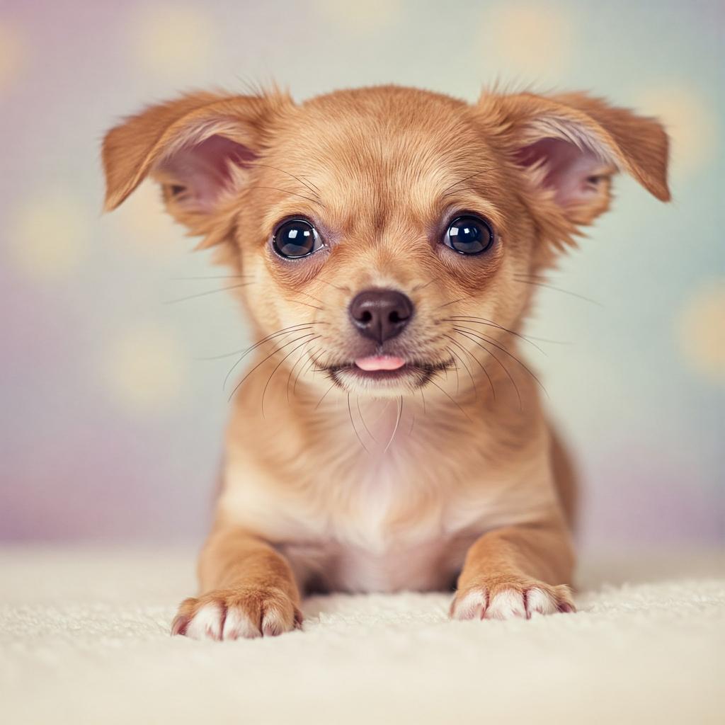 A cute fawn Chihuahua puppy in an energetic, playful pose with big, expressive eyes.