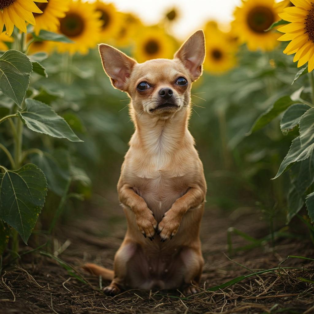 A curious tan Chihuahua seated whimsically in a field of sunflowers with a tilted head.