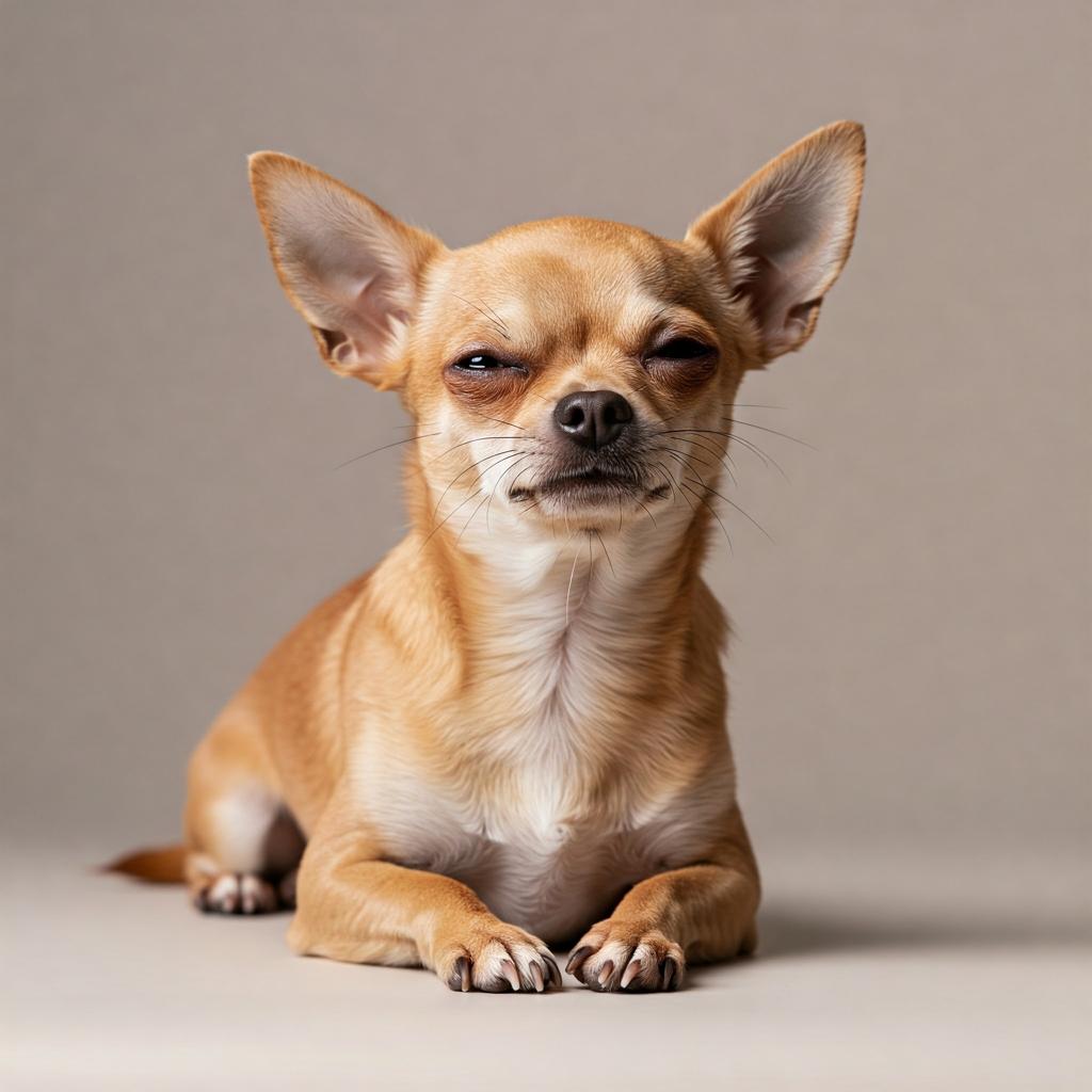 An adorable fawn Chihuahua in a studio close-up, sitting with a charming, tilted-head pose.
