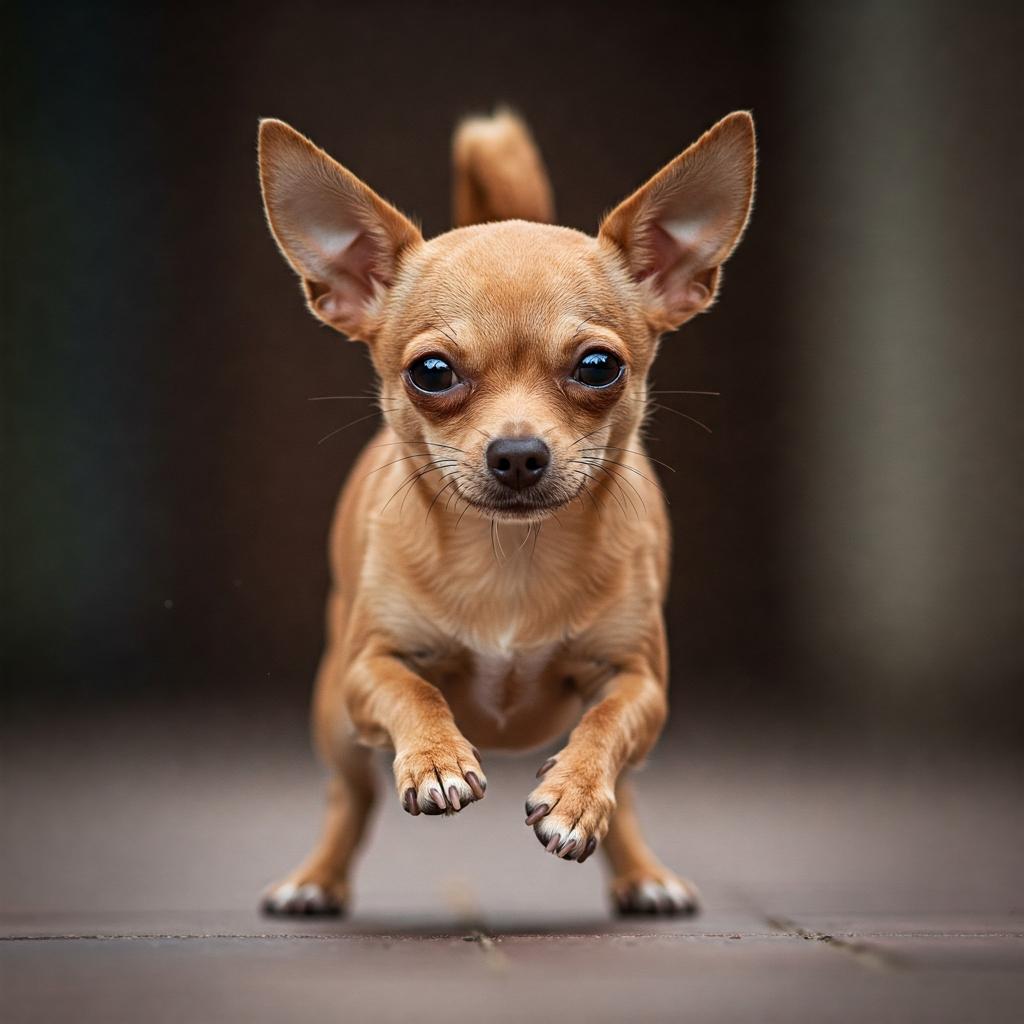A dynamic shot of a cute fawn Chihuahua in a unique, playful pose, full of energy.