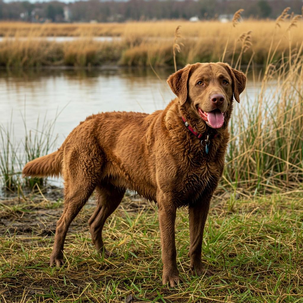 A Chesapeake Bay Retriever with a rich, dark brown, wavy coat standing alertly on a muddy shoreline in a marsh.