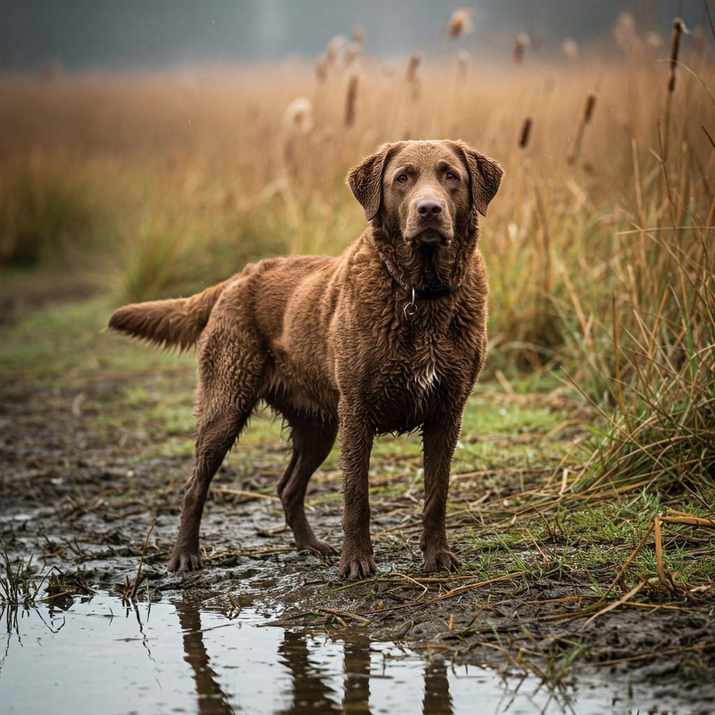 A powerful Chesapeake Bay Retriever with a brown, wavy coat blending into a lush marsh, ready for action.