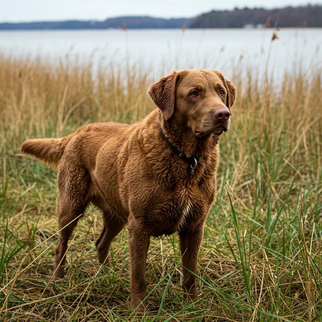 A proud Chesapeake Bay Retriever with a dark brown, wavy coat in a tranquil marsh, showcasing its water-resistant fur.