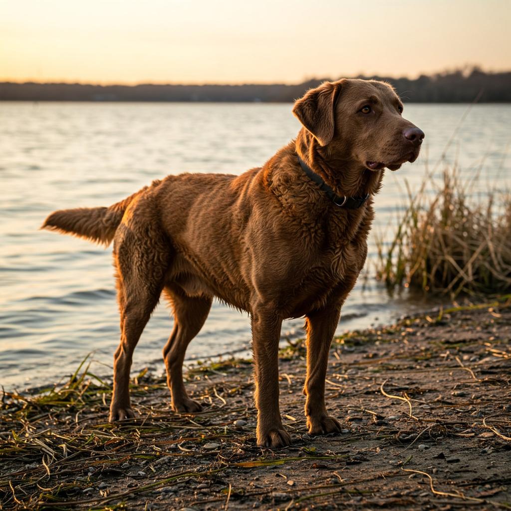 A Chesapeake Bay Retriever with a distinctive wavy coat at a marsh edge, bathed in golden light, perfectly suited for aquatic life.