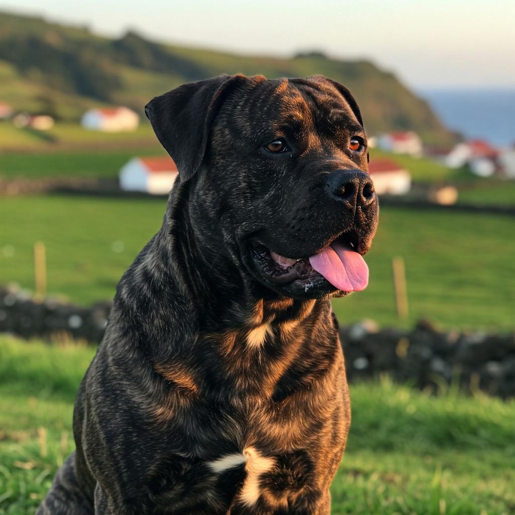 Image of a Cao Fila de Sao Miguel with a striking brindle pattern on its coat.