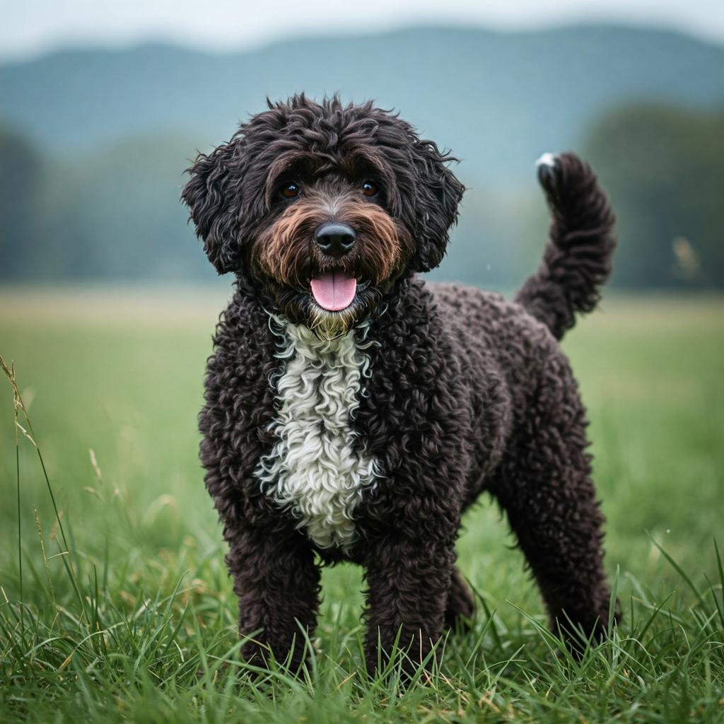 A happy Portuguese Water Dog with a curly black and white coat, standing in a grassy field with a blurred background.