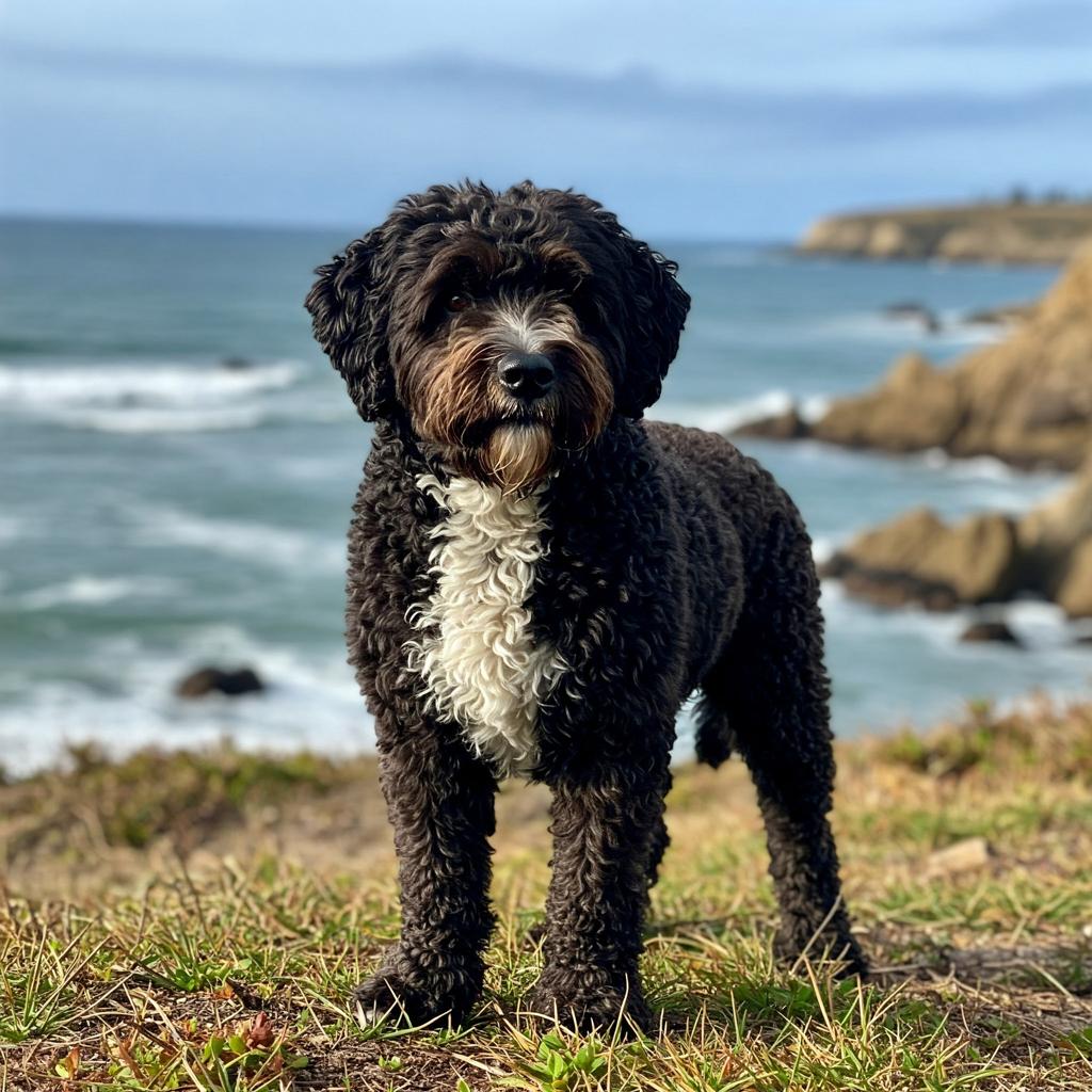 A Portuguese Water Dog sitting on a sandy beach with the ocean in the background.