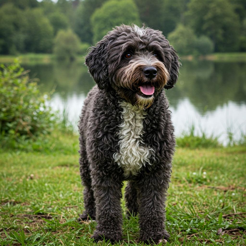 A close-up portrait of a brown Portuguese Water Dog with curly fur and expressive eyes.