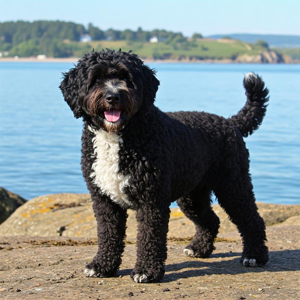 A Portuguese Water Dog standing on a rocky coast with the sea and cliffs in the background.