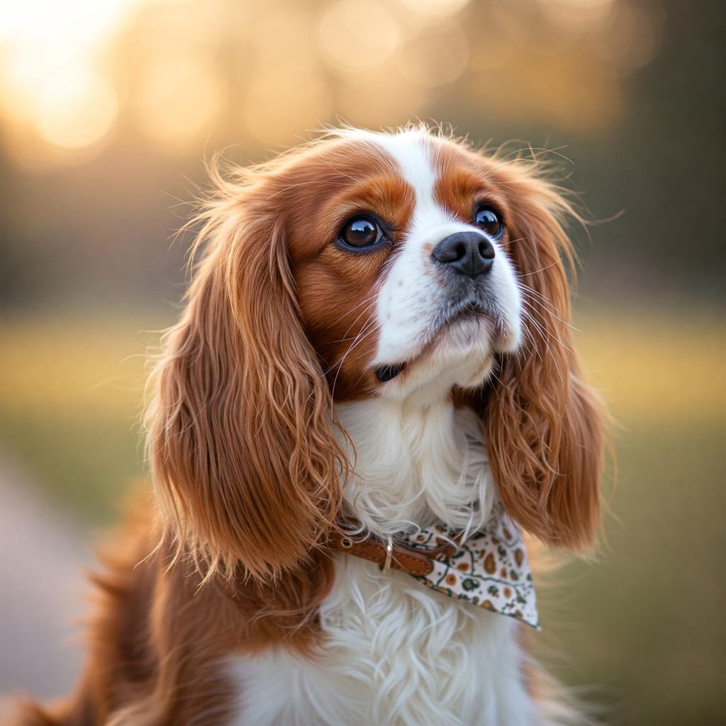 A Cavalier King Charles Spaniel with a gentle expression looks upwards with soft, blurry bokeh in the background.