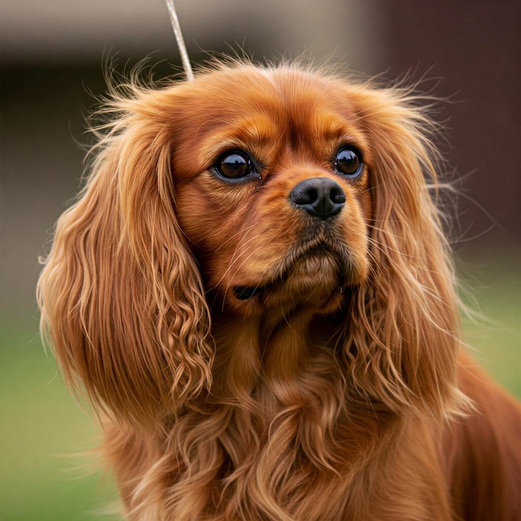 A ruby Cavalier King Charles Spaniel with long, wavy ears gazes intently.