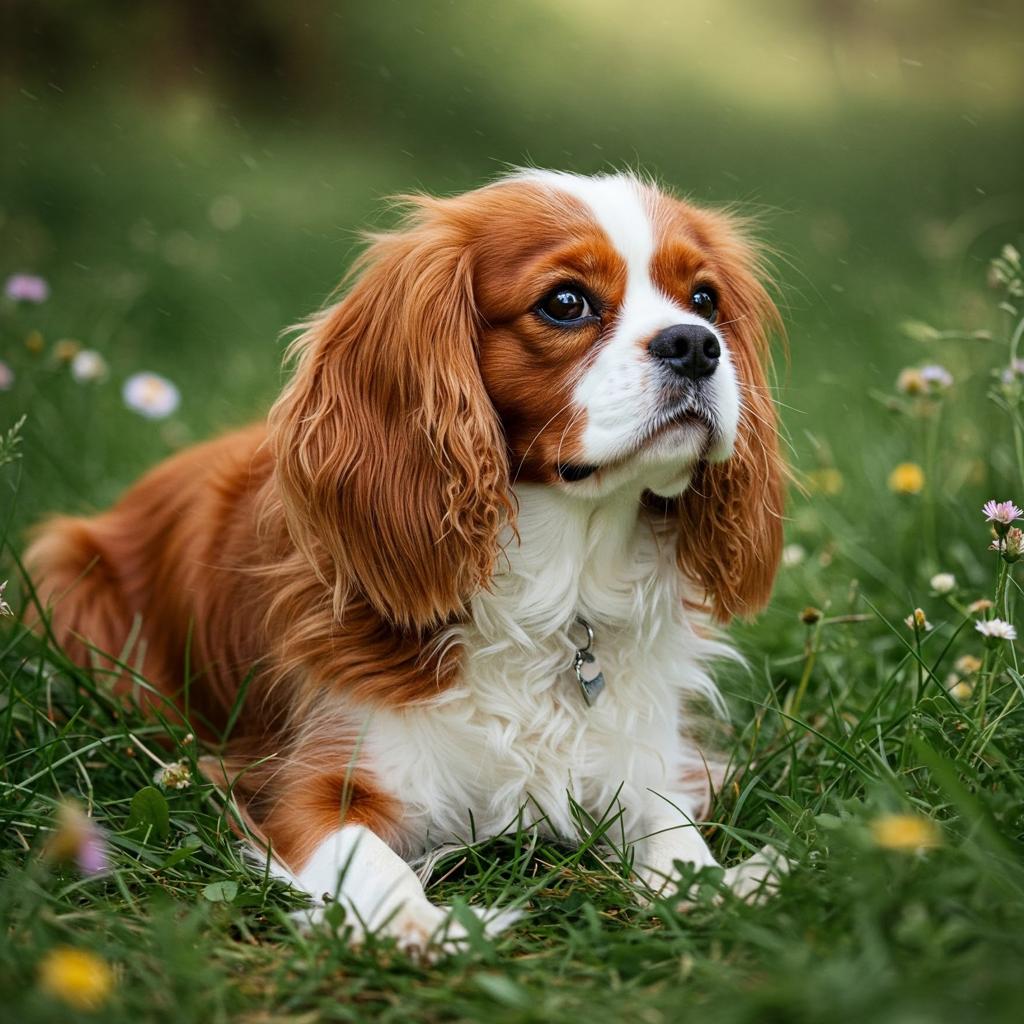 A tri-color Cavalier King Charles Spaniel lies in green grass with small white and purple flowers, looking attentively to the side.