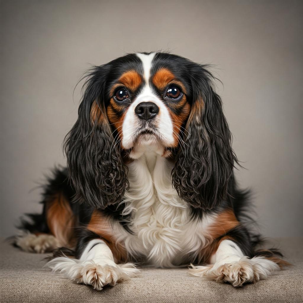 A beautiful Cavalier King Charles Spaniel with black, tan, and white markings rests with its paws outstretched against a neutral background.