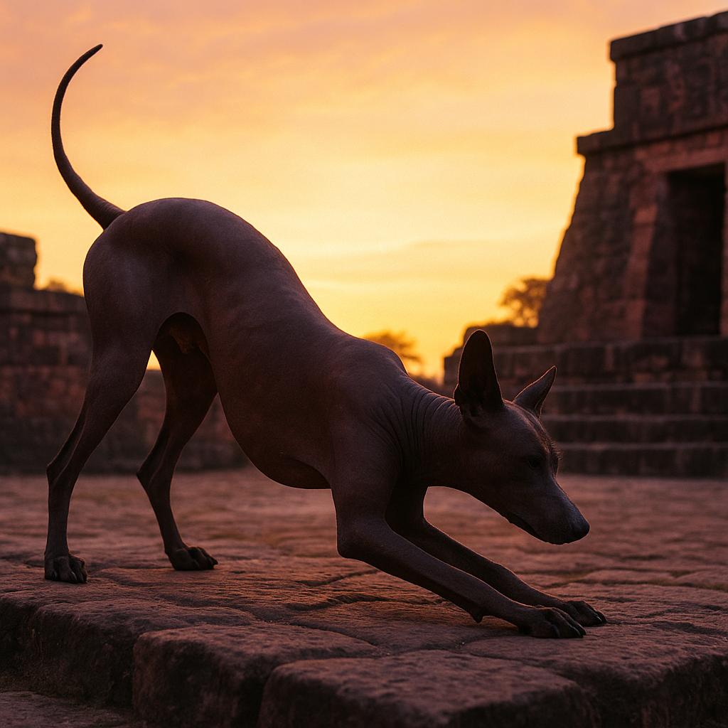 Xoloitzcuintle bows beneath golden sky