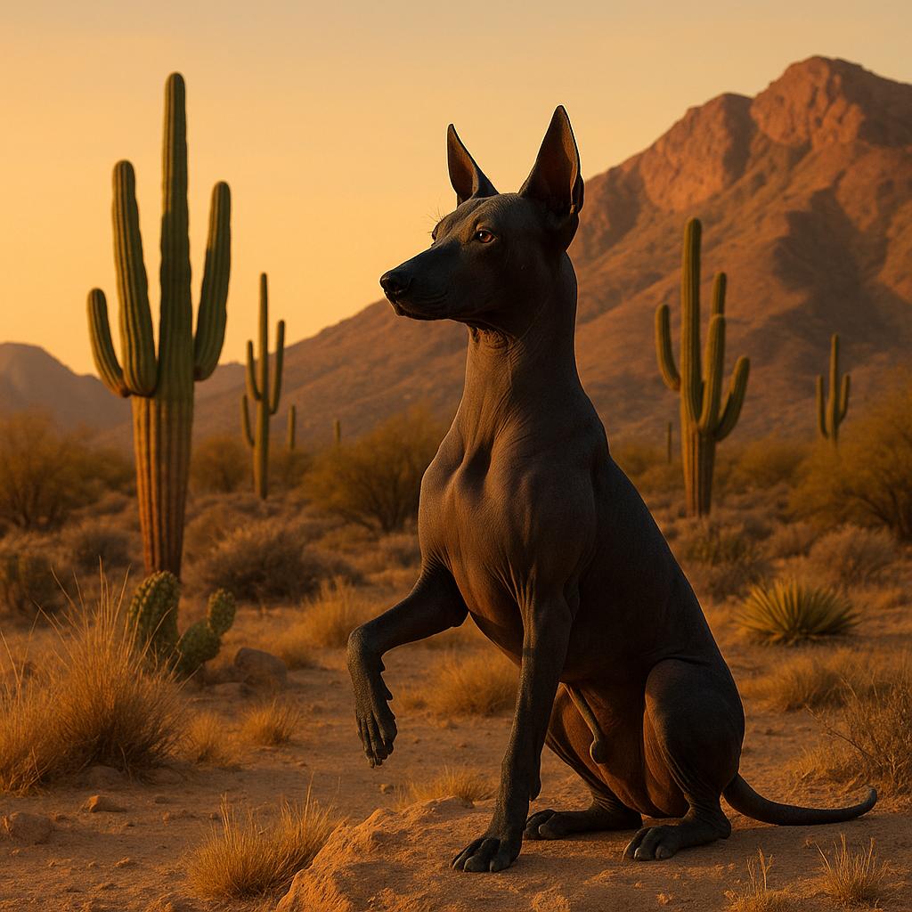 Xoloitzcuintle stands desert sentinel