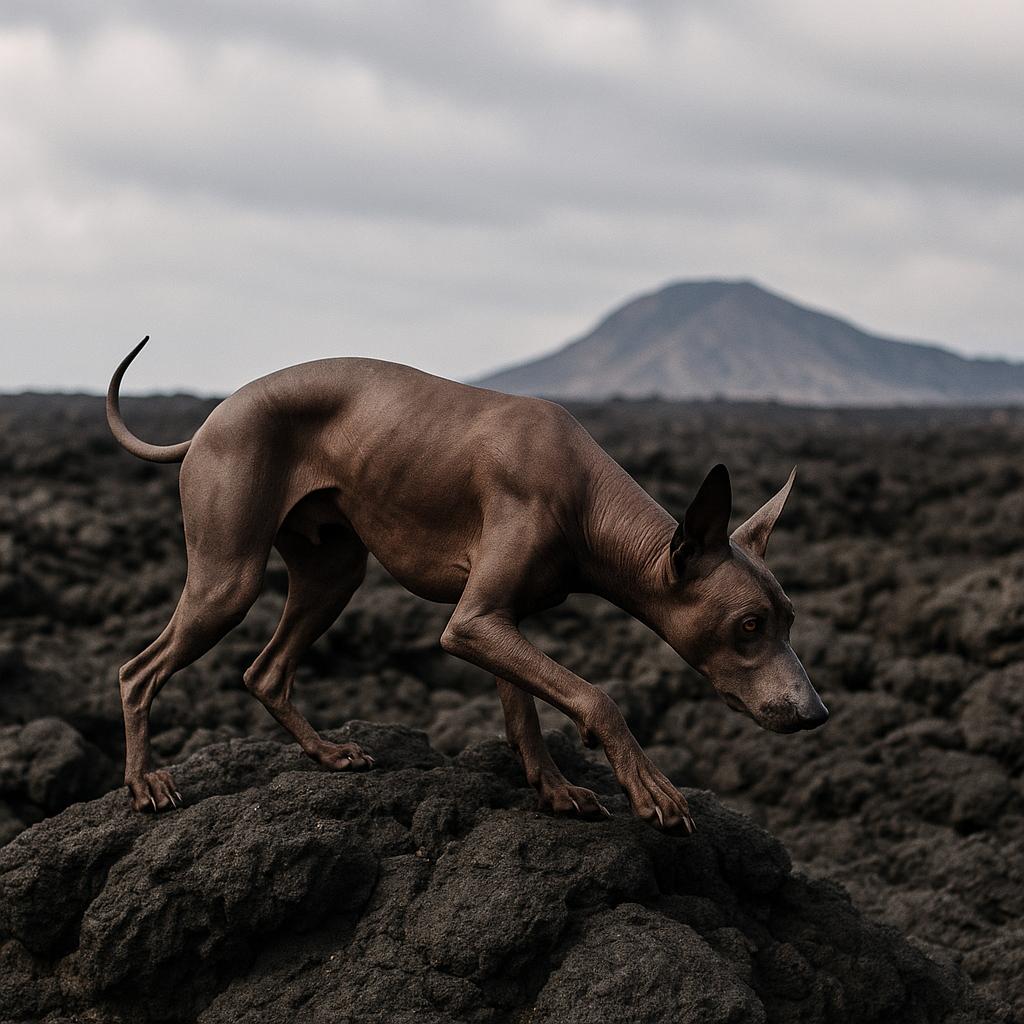 Xoloitzcuintle prowls volcanic plain