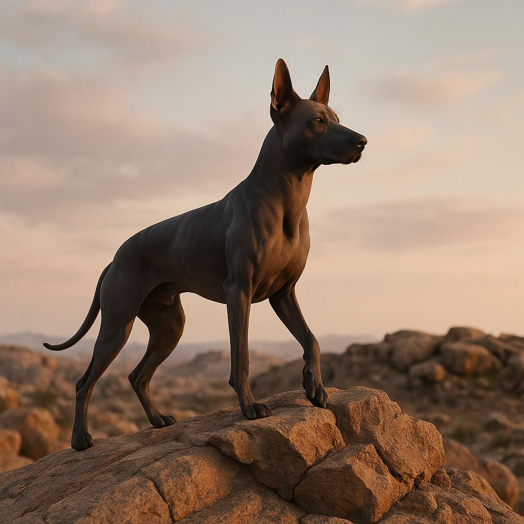 Xoloitzcuintle ascends stony summit