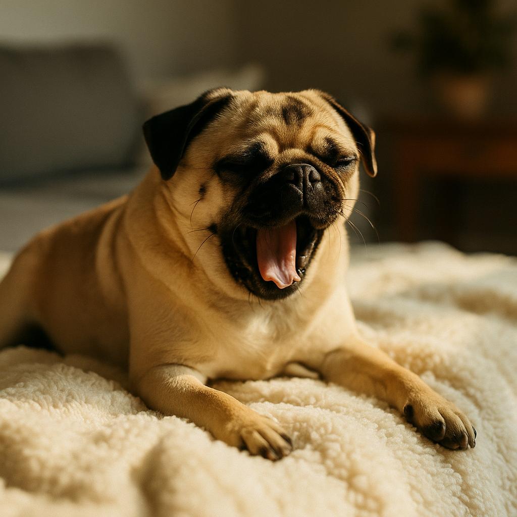 Pug yawns amidst plush haze