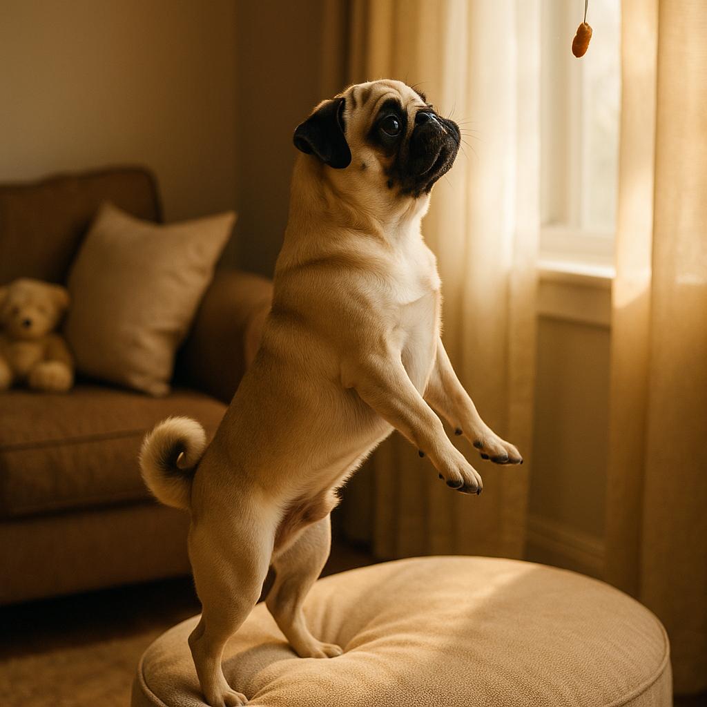Pug stands in warm hush