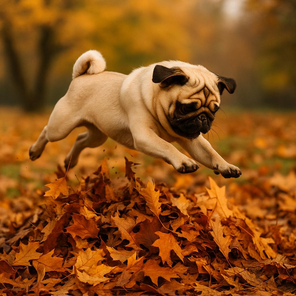 Pug plunges through amber leaves