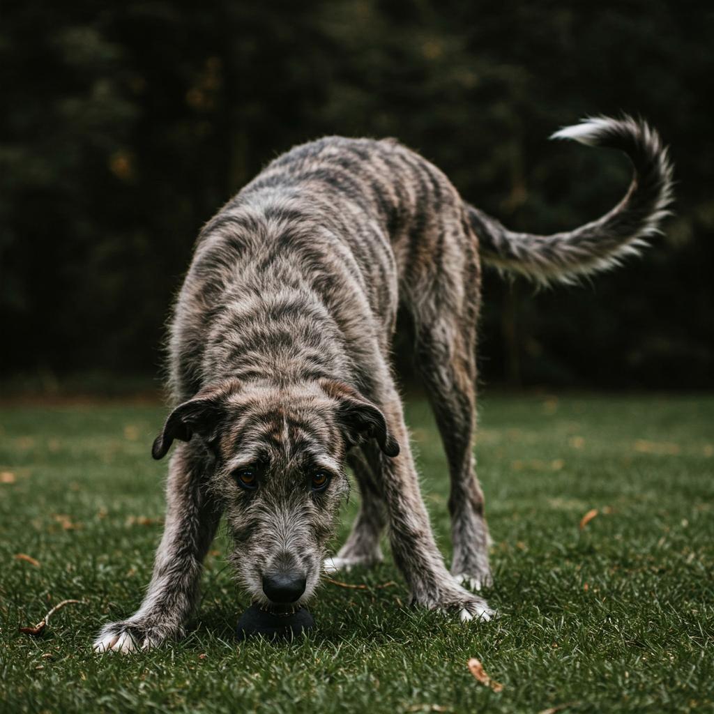 A large, brindle-coated dog with a playful stance on green grass.