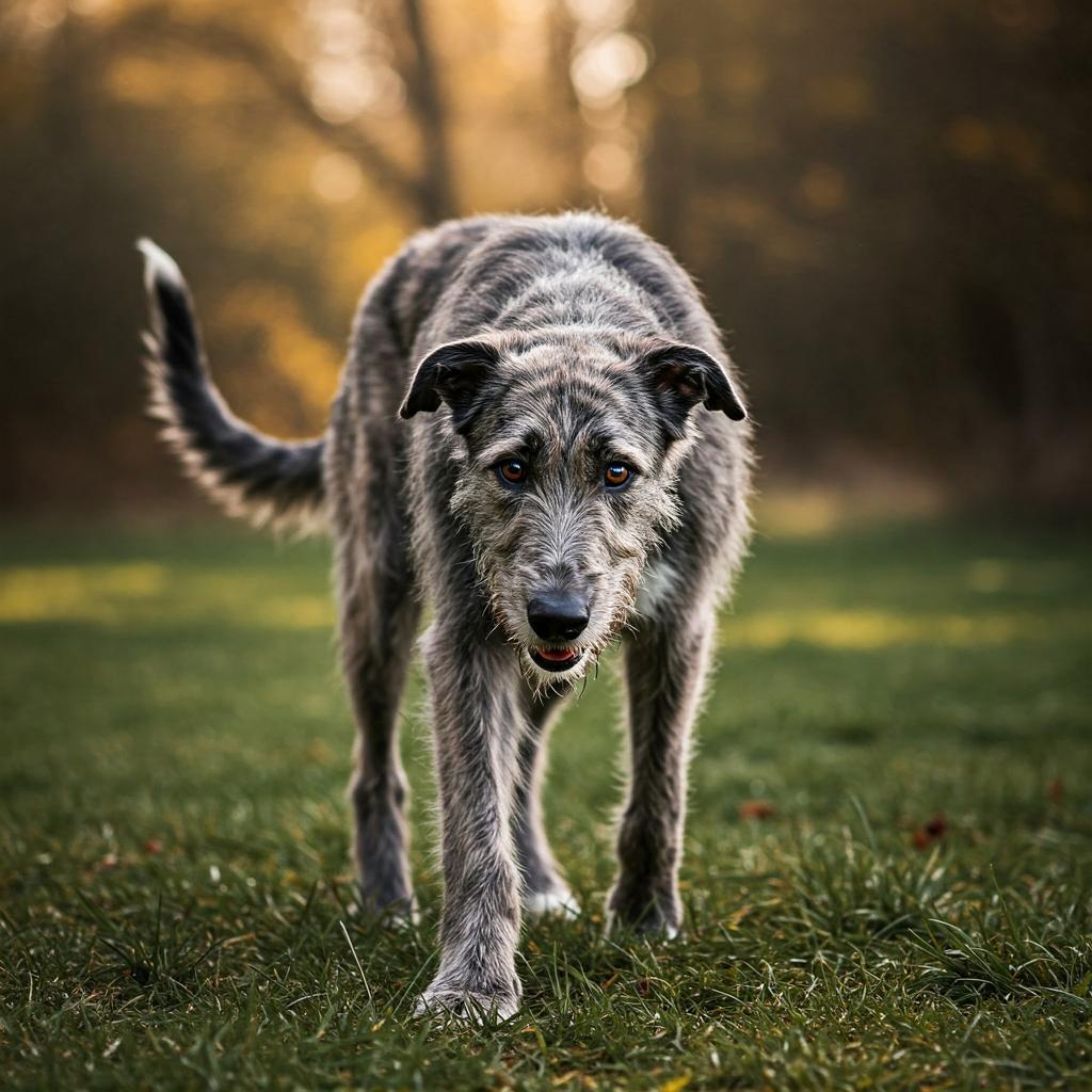 A grey, rough-haired dog with a gentle expression, standing outdoors.
