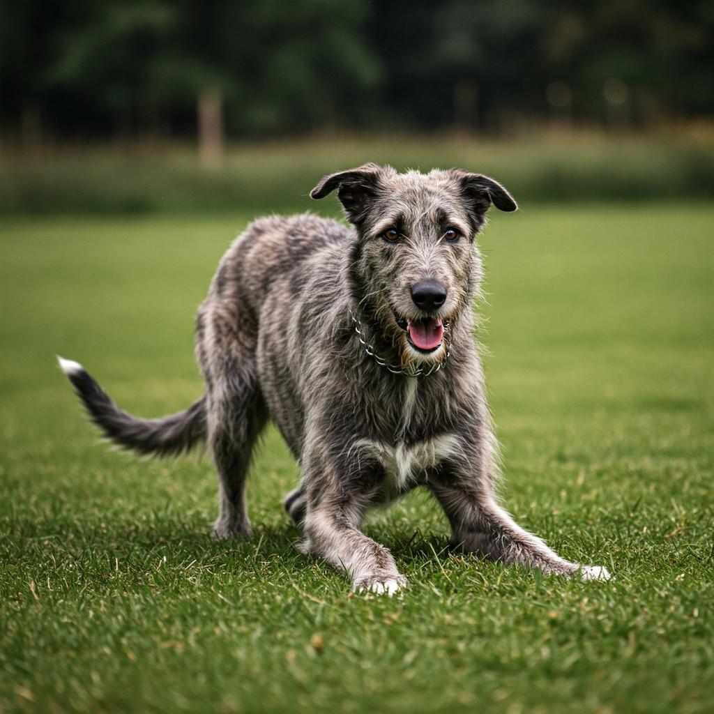 A close-up portrait of a grey Irish Wolfhound with soft, focused eyes.