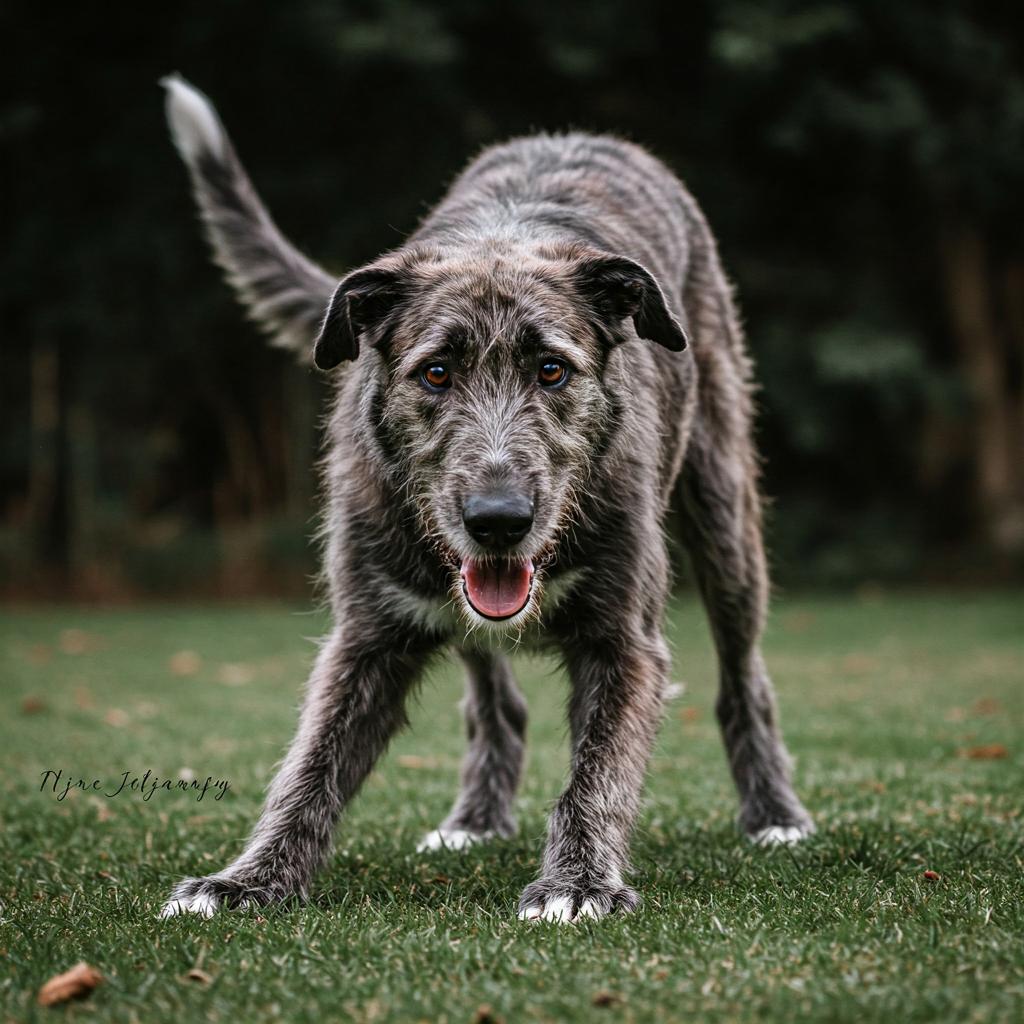 A brindle Irish Wolfhound with a happy, open-mouthed expression, crouched low on a lawn.