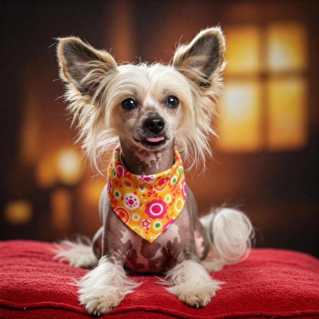 A cheerful Chinese Crested, sporting a colorful bandana, sits playfully on a soft red cushion, its expressive face and silky hair framed by a gentle bokeh.