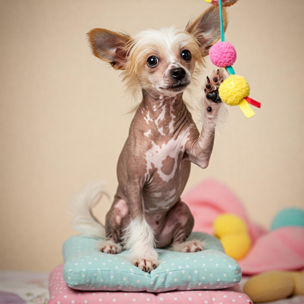 A whimsical Chinese Crested perches on vibrant cushions, its big, surprised eyes and endearing pose highlighted by soft, warm lighting.
