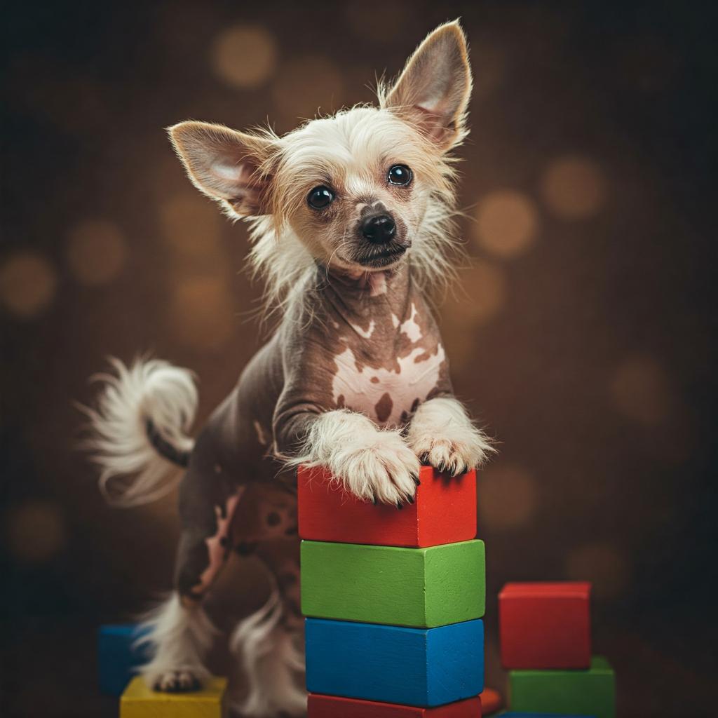 A mischievous Chinese Crested with a playful grin sits on colorful blocks, its unique features and energetic charm captured in a warm, candid moment.
