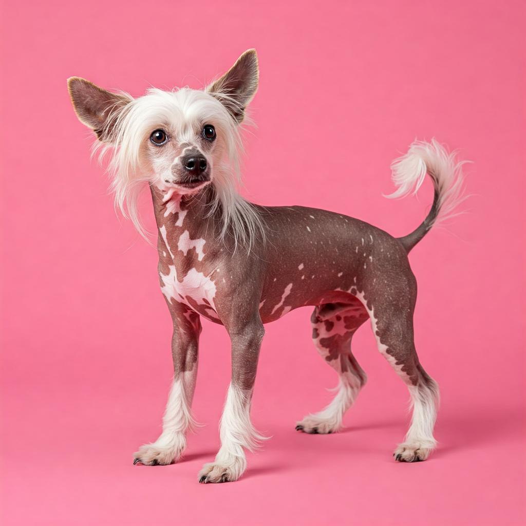A charming Chinese Crested appears frozen in playful action, its slender form accentuated by a bright pink background, showcasing a delightful, quirky pose.