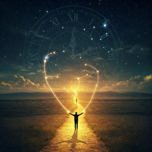 A figure with outstretched arms stands on a glowing, winding path under a starry, clock-shaped sky, symbolizing the embrace of destiny.