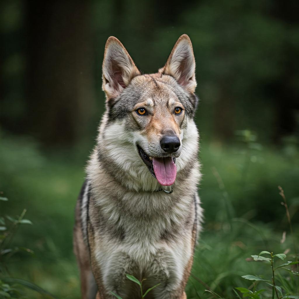 A canine with pointed ears and amber eyes stands alert against a blurred green backdrop.