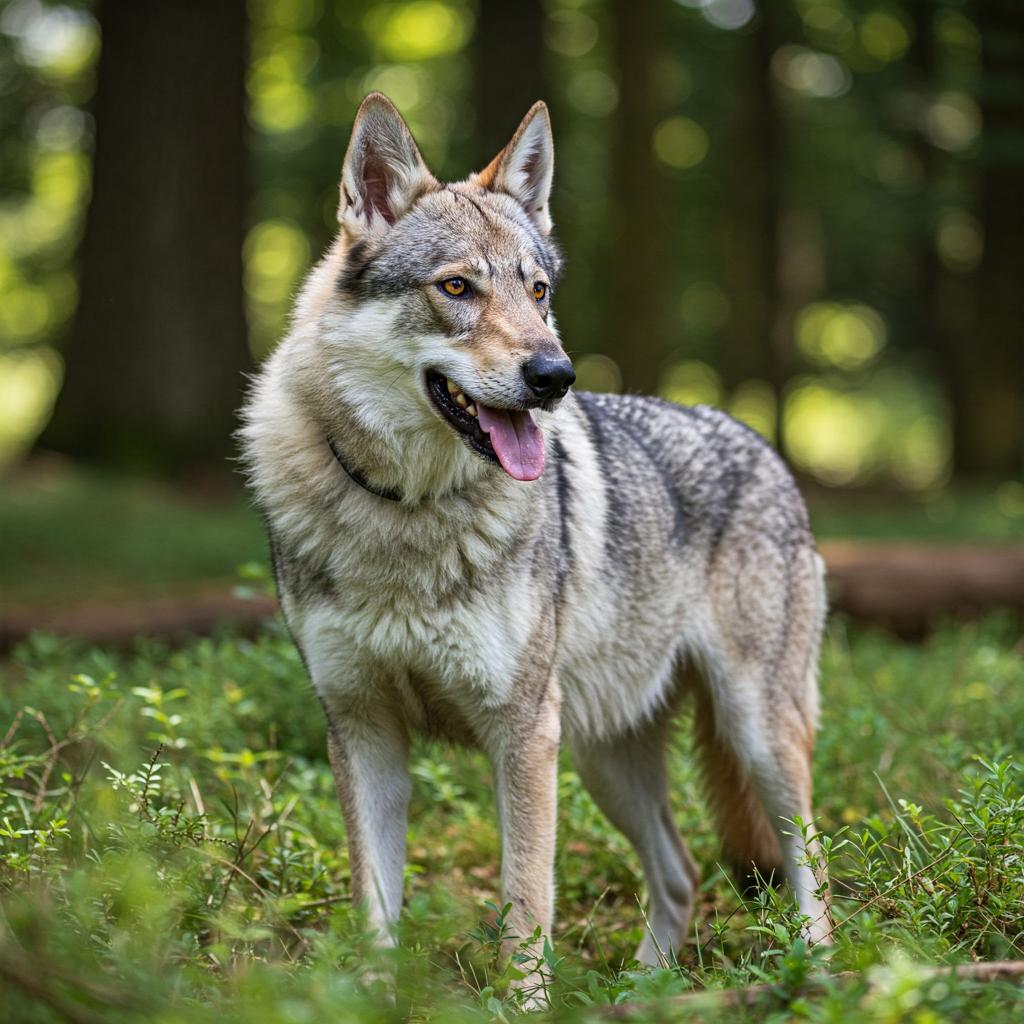 Sunlight illuminates a wolf-like dog with a dark collar amidst low-lying foliage and soft bokeh.
