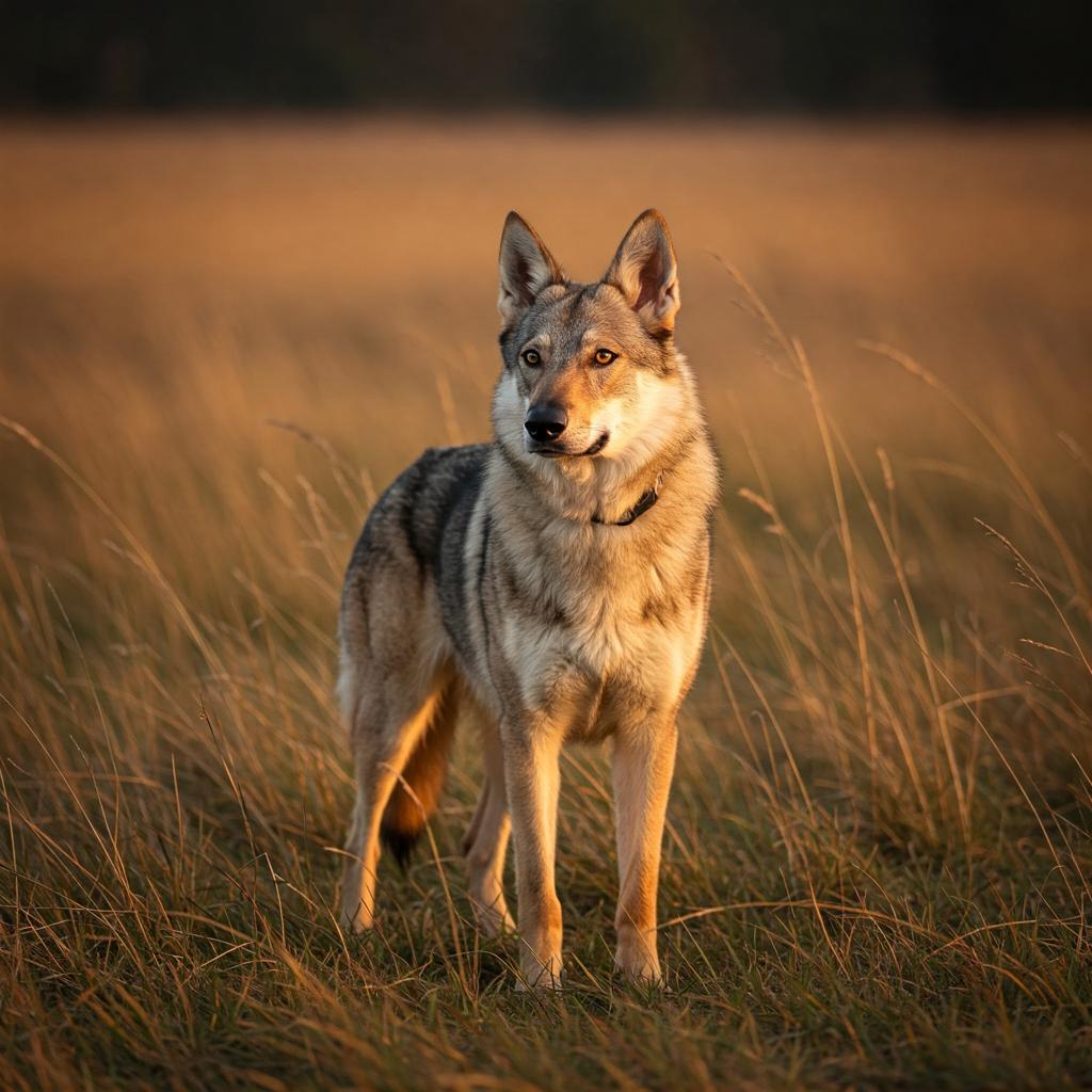 A Czechoslovakian Wolfdog with a focused gaze poses on a dirt path lined with dry grass.