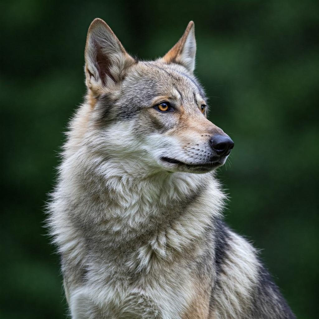 A close-up captures the textured fur and piercing gaze of a wolfdog against a muted green background.