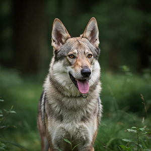 A canine with pointed ears and amber eyes stands alert against a blurred green backdrop.