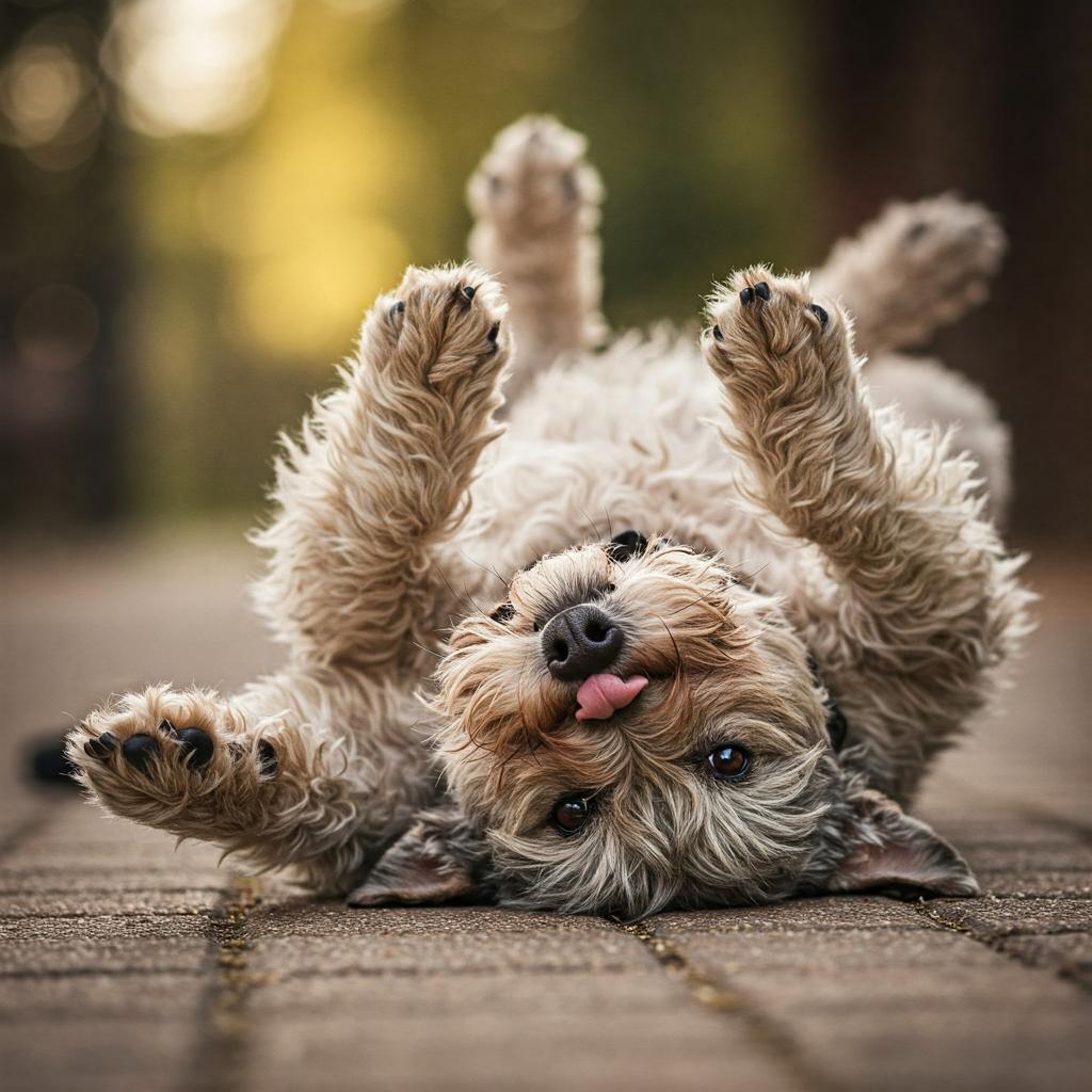 A Picardy Shepherd sprawls, belly-up, paws aloft, scruffy fur, face beaming, inviting a rub.