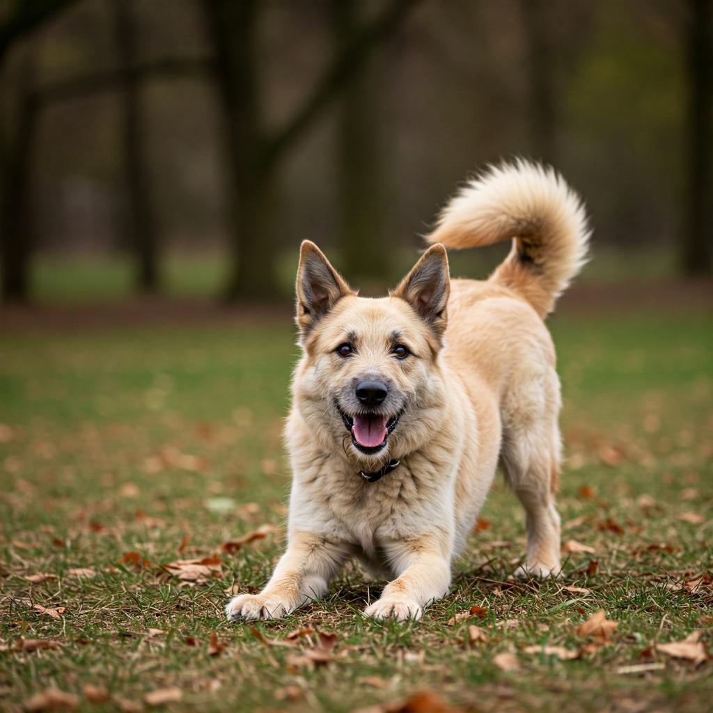A Picardy Shepherd lowers its front, rear raised, tail wagging, eager to play, a classic invitation.