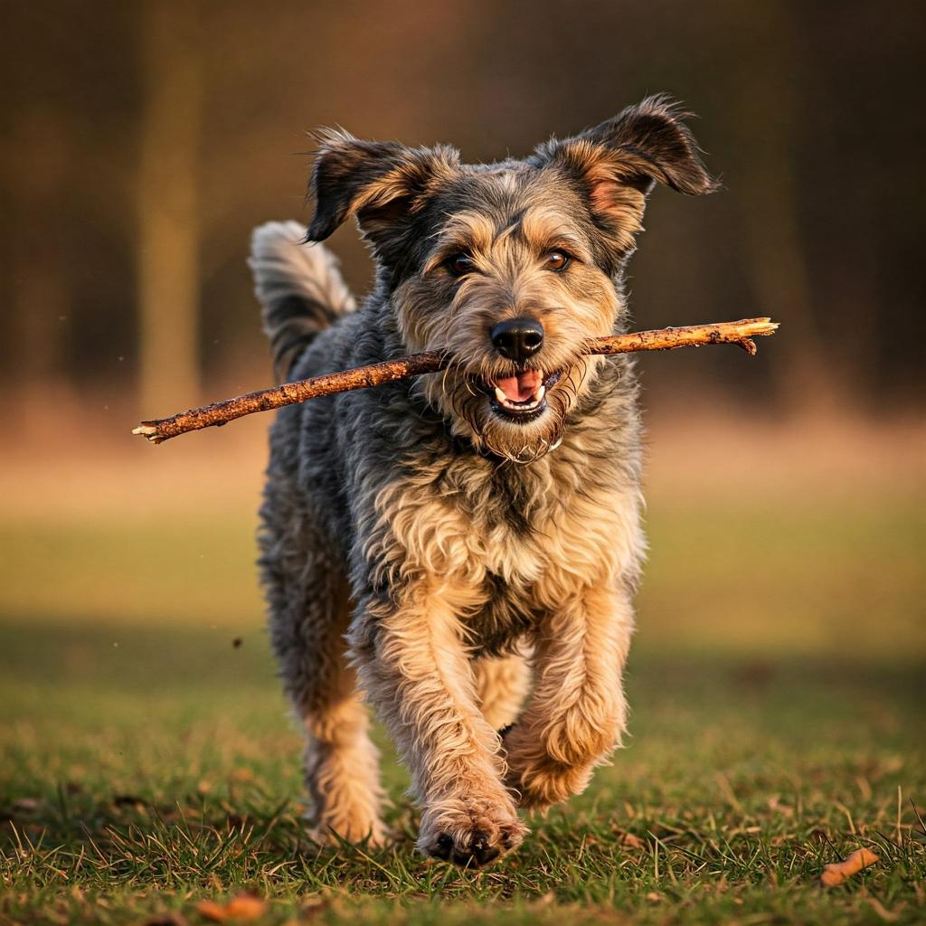 A Picardy Shepherd streaks by, stick gripped, ears flattened by speed, shaggy coat flowing, a picture of happy purpose.